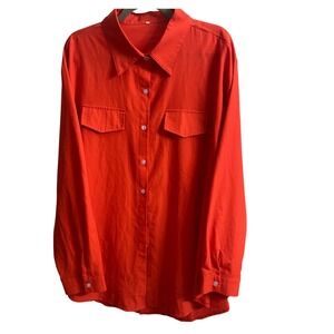 Red Button Down Shirt Women 5XL 5X Long‎ Sleeve Faux Chest Pockets Stretch